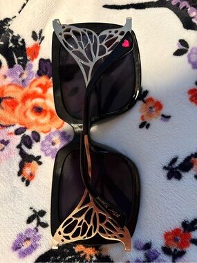 Betsey Johnson Black Sunglasses with Gold Filigree & Pink Heart Accent